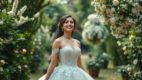 Bride in detailed gown posing joyfully in garden during wedding.
