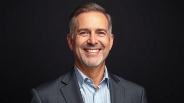 Distinguished man in a suit smiling confidently, 2026 Executive Leadership Award backdrop.
