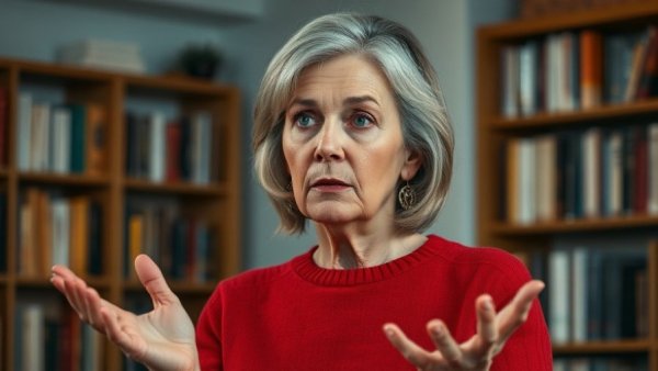 Middle-aged woman offering crisis support advice indoors.