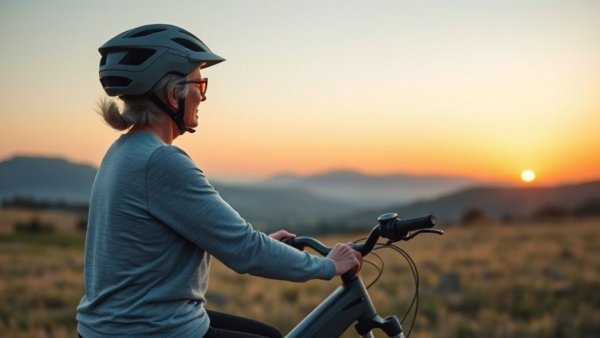 Older woman on e-bike appreciating nature, promoting brain health.