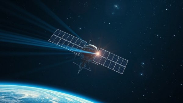 Futuristic satellite beaming energy in space, AI data centers context
