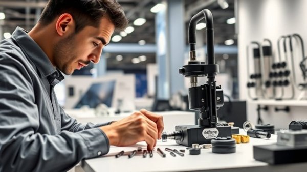 Person assembling modern Fraction Vacuum at tech exhibition.