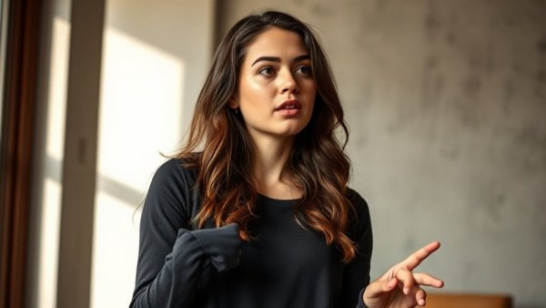 Focused woman explaining concept indoors, Pilates Studio Profitability Strategies.