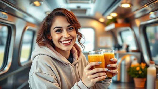 Cheerful woman serving smoothies in a successful Airstream trailer business.