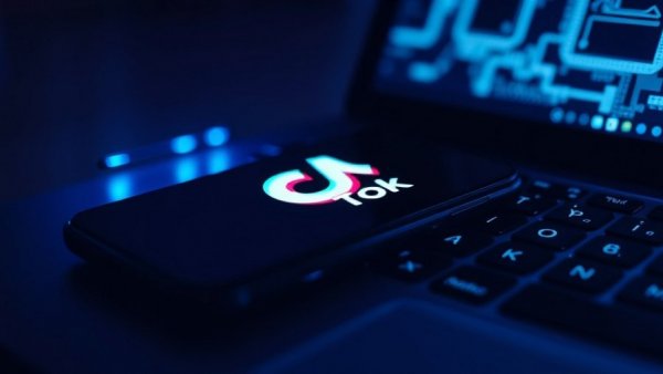 Smartphone with TikTok logo on laptop, glowing blue light, representing TikTok's addictive design.