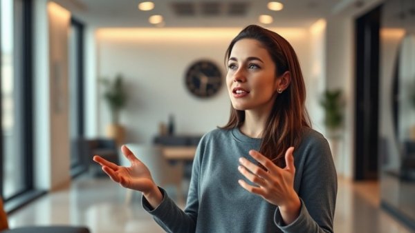 Young woman explaining cleaning tips, indoor setting.