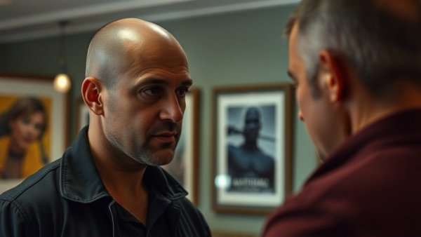 Focused bald male discussing Six Pillars of Human Health indoors.