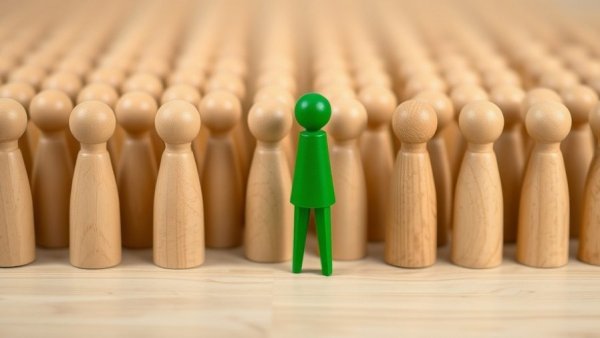 Unique green figure stands out among beige figures.