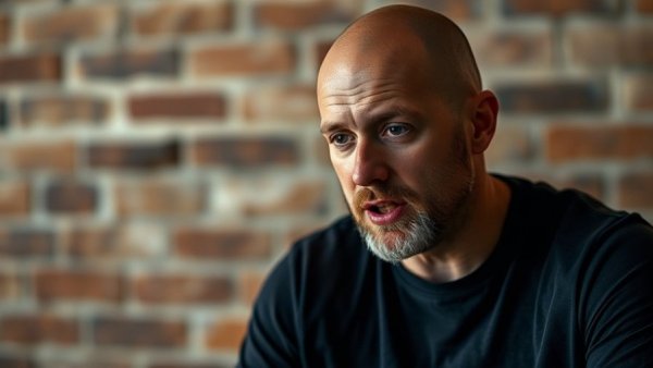 Man discussing how to build a strong gut, brick backdrop.