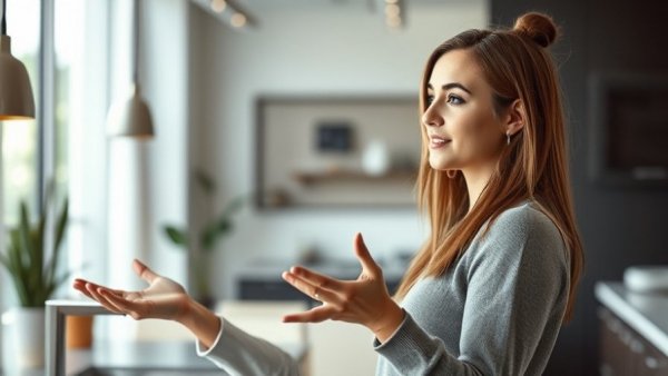 Young woman explaining cleaning techniques indoors.