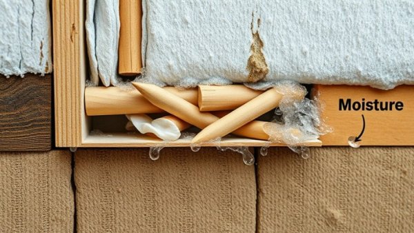 Moisture in stud cavities with condensation on insulation surfaces.