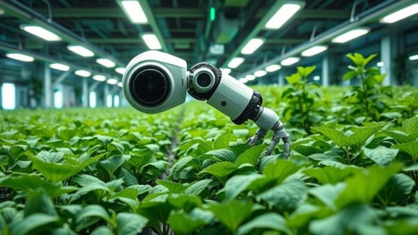 Futuristic indoor farm with AI technology tending crops.