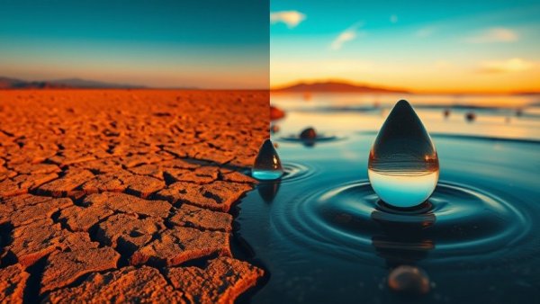 Dramatic portrayal of nanotech and water crisis, contrasting drought and water purity.