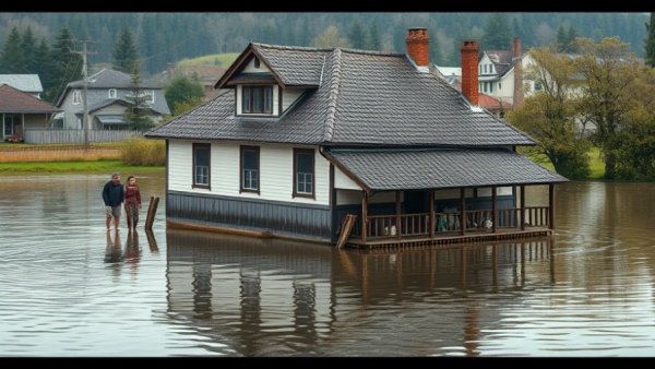 Rebuilding a Healthy Home after flood damage with rising waters and people assessing.