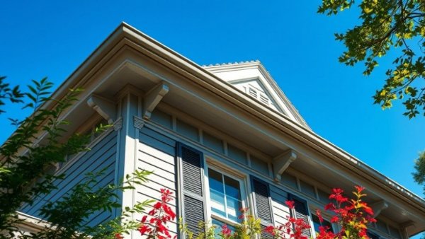 Vented soffit on historic gray home under sunny sky.