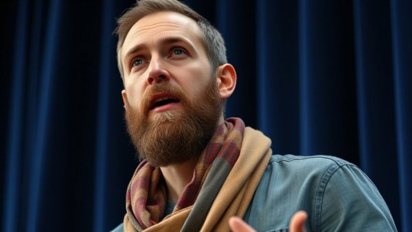 Man speaking on stage with dark blue curtain background.