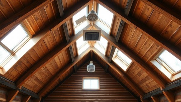 Vaulted ceiling attic with ventilation and wooden beams.