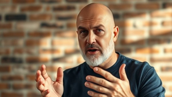 Middle-aged man explaining with serious expression against brick wall, real definition of strength.