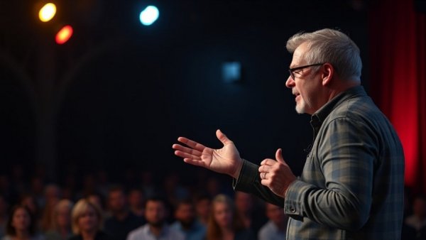 Speaker discussing possible futures for AI on stage with vibrant lighting.