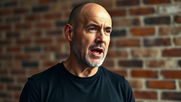 Bald man discussing the real cost of one donut indoors.