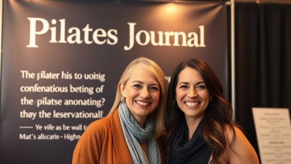 The Pilates Journal Expo: Two women smiling at event banner.