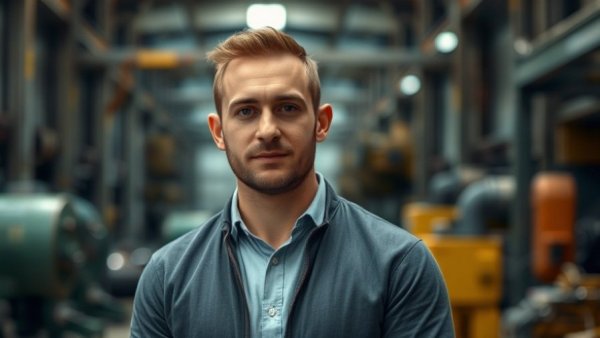 Professional male in industrial setting, related to low-cost thermal imaging lens.