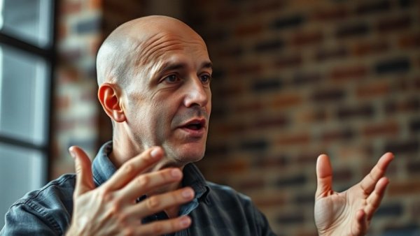 Man explaining indoors, emphasizing movement and gestures.