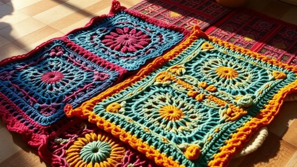Crochet squares on a checkered surface showcasing benefits of crocheting for mental health.