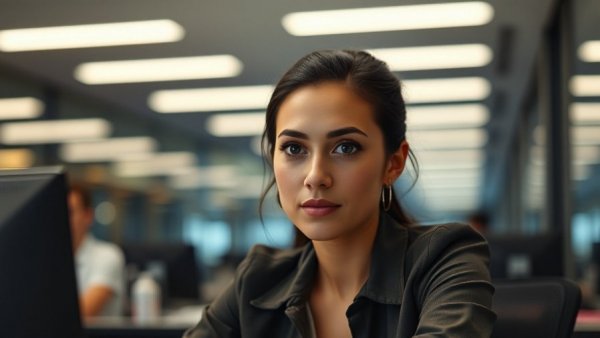 Focused young woman honing Rush Hour game strategy skills in office.