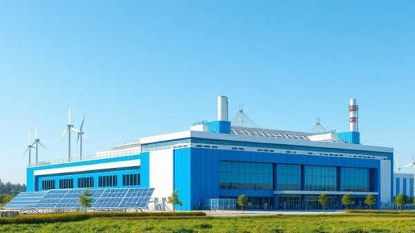 Modern facility for green hydrogen production featuring solar panels and wind turbines.