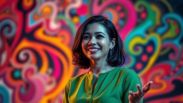 Confident woman giving a talk with colorful backdrop, finding resilience through challenges.