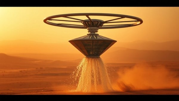 Futuristic device turning air into drinking water in a desert.