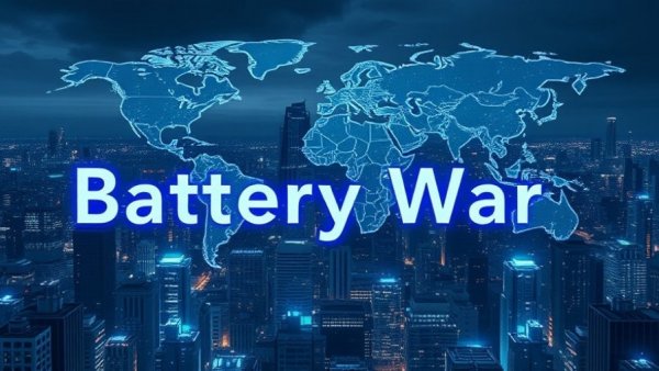 Futuristic city skyline with 'Battery War' neon text, highlighting energy storage.