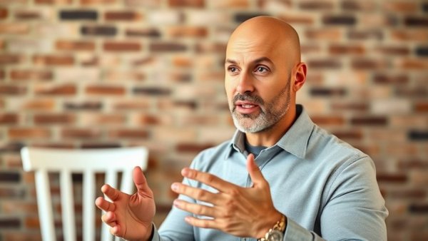 Confident bald man discussing engagement before a brick wall. Power of Full Commitment.