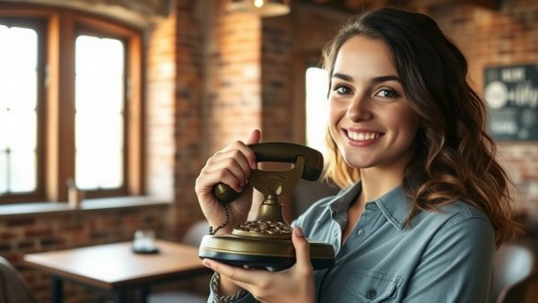 Young woman showcasing vintage phone, rustic room setting