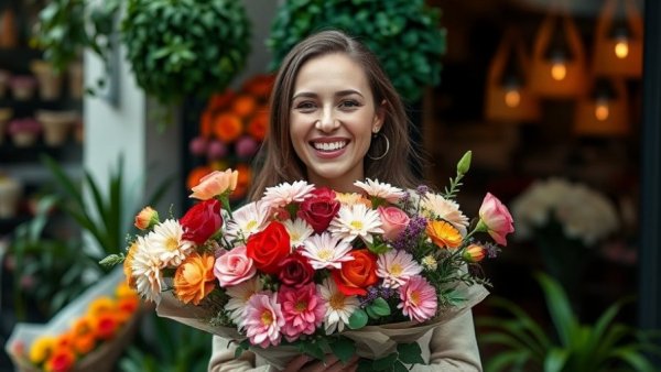 Joyful woman with flowers demonstrating science-proven ways to feel happier.
