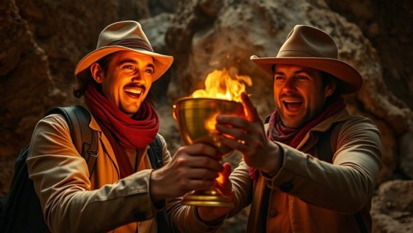 Local SEO 'Near Me' Hack adventurers reaching for golden chalice.