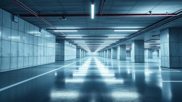 Modern parking garage with LED lighting at night