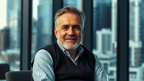 Middle-aged man indoors with a cityscape background, natural light.