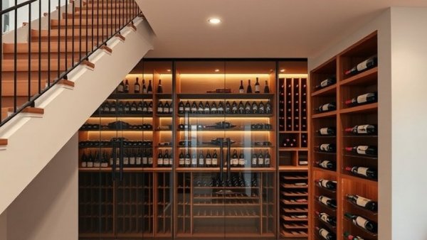 Modern wine cellar with effective humidity control under stairs.
