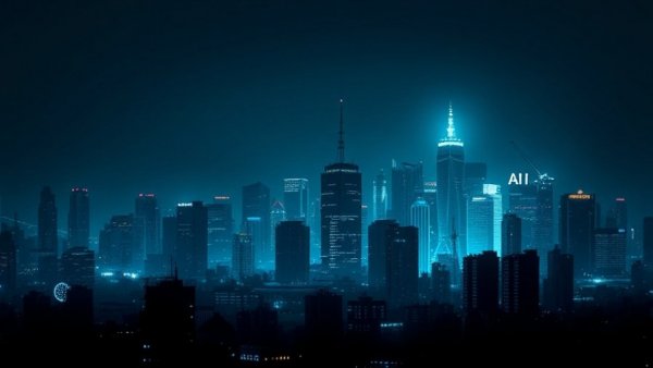 AI Eco-Cities futuristic skyline with neon glow.
