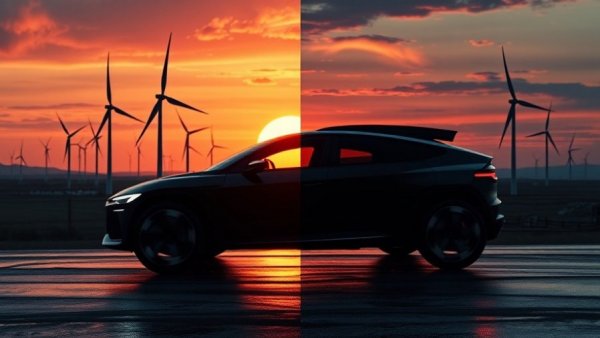 Dynamic image of wind turbines and futuristic vehicle illustrating renewable energy impact on climate change.