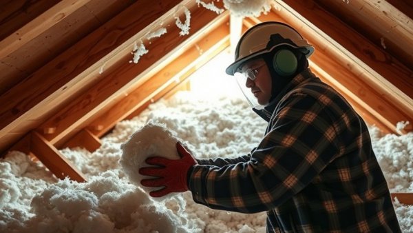 Technician installing blown-in fiberglass insulation in an attic.