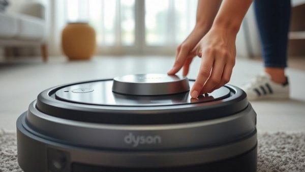 Dyson Spot & Scrub Robot Vacuum close-up with hands, modern setting.