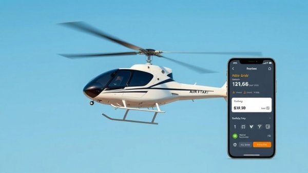 Futuristic air taxi flying with booking app interface.