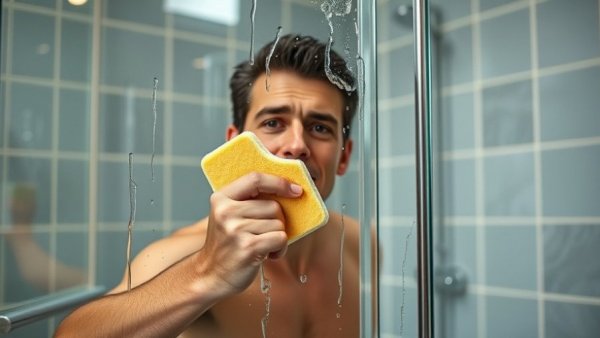 Person demonstrates how to clean glass shower doors effectively.