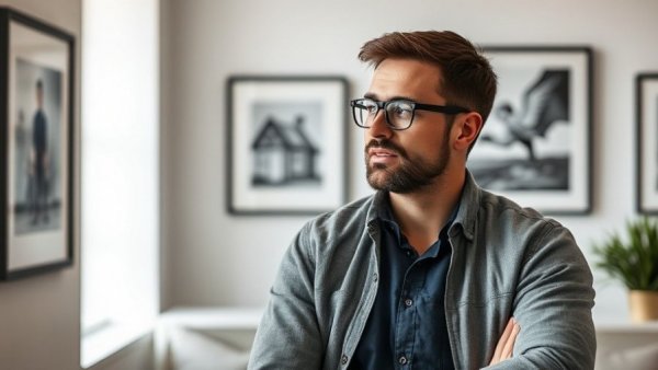 Man discussing in modern interior, accounting context.