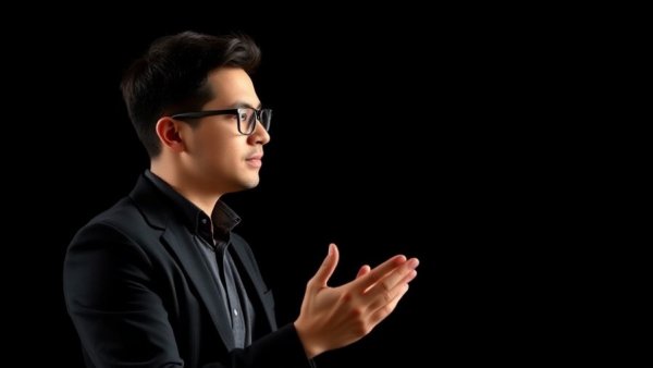 Confident young man discussing how to start a fund successfully on a black background.