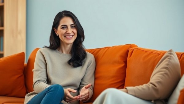 Smiling woman discussing co-buying homeownership, vibrant setting.