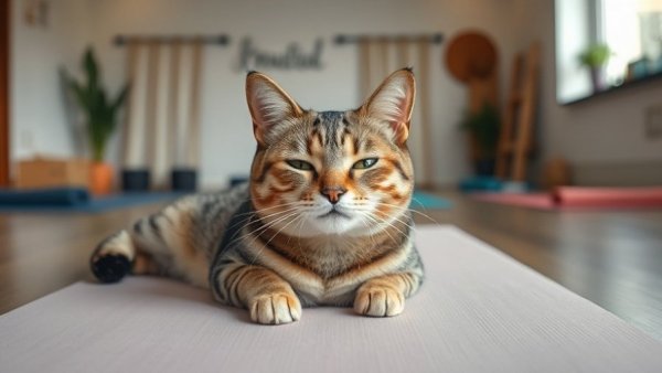 Relaxed cat in a yoga studio with motivational text.